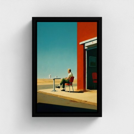 Tabella stampata arte su tela illustrazione uomo incorniciata che si siede sulla terrazza di un caffè isolato contro una strada