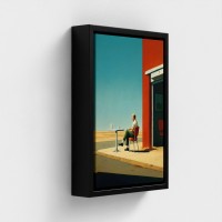 Tableau imprimé art sur toile encadrée illustration Homme assis à la terrasse d un café isolé face à une route déserte ciel bleu