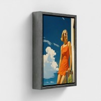 Tabelle gedruckte Kunst auf Leinwand gerahmter Illustration Junge Frau im roten Kleid mit einem Balkon unter einem blauen Himmel