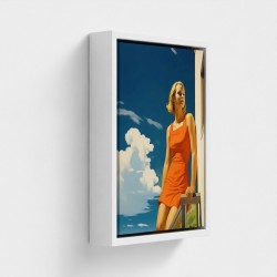 Table Printed Art On Canvas Framed Illustration Young Woman In Red Dress Pared at a Balcony Under A Blue Sky Bright
