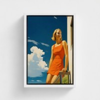 Tafel gedrukte kunst op canvas ingelijste illustratie Jonge vrouw in rode jurk pared op een balkon onder een blauwe lucht helder