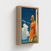 Bord trykt kunst på lærred indrammet illustration ung kvinde i rød kjole pareret på en balkon under en blå himmel lyse