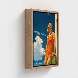 Tafel gedrukte kunst op canvas ingelijste illustratie Jonge vrouw in rode jurk pared op een balkon onder een blauwe lucht helder