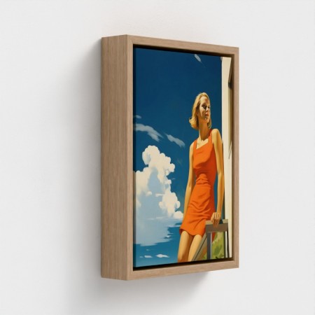 Table Printed Art On Canvas Framed Illustration Young Woman In Red Dress Pared at a Balcony Under A Blue Sky Bright