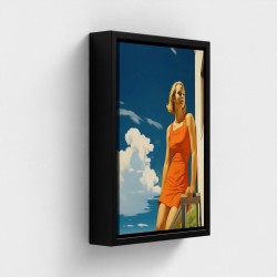 Bord trykt kunst på lærred indrammet illustration ung kvinde i rød kjole pareret på en balkon under en blå himmel lyse