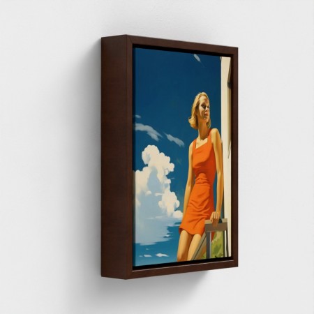 Table Printed Art On Canvas Framed Illustration Young Woman In Red Dress Pared at a Balcony Under A Blue Sky Bright