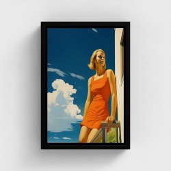 Table Printed Art On Canvas Framed Illustration Young Woman In Red Dress Pared at a Balcony Under A Blue Sky Bright