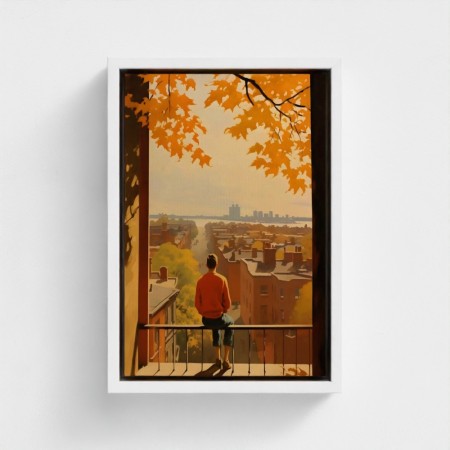 Tabela Impresso Arte na Lona Emoldurada Ilustração Urbana Vista no Crepúsculo Homem Olhar em Cores de Queda Telhados Telhados