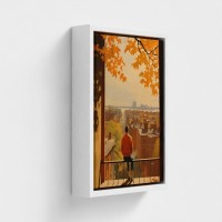 Tabelltryckt konst på dukramad illustration Urban utsikt på Twilight Man ser på höstfärger hustak