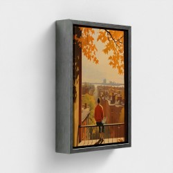 Mesa impresa arte en lienzo ilustración enmarcado Vista urbana en el hombre crepuscular mira en los colores del otoño en los tej