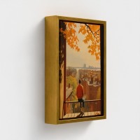 Bordutskrevet kunst på lerretrammet Illustrasjon Urban View på Twilight Man Se på høstfarger hustak