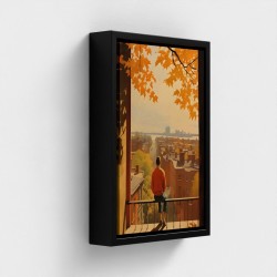 Table Printed Art On Canvas Framed Illustration Urban View at Twilight Man Look On Fall Colors Rooftops
