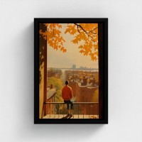 Tabela Impresso Arte na Lona Emoldurada Ilustração Urbana Vista no Crepúsculo Homem Olhar em Cores de Queda Telhados Telhados