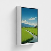 Table Printed Art On Canvas Framed Illustration Rural Landscape Peaceful Rizieres Under A Blue Sky Solitary Person