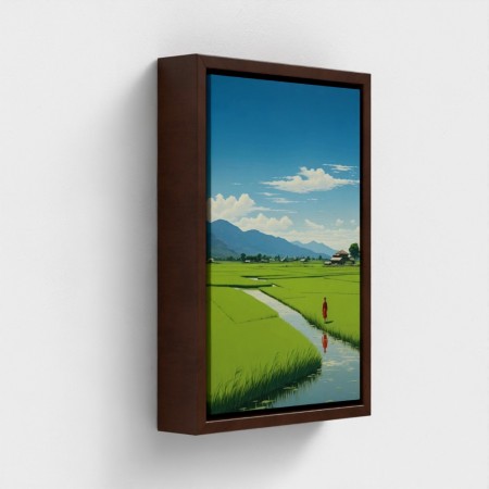 Tableau imprimé art sur toile encadrée illustration Paysage rural paisible rizières sous un ciel bleu personne solitaire