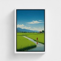 Bord trykt kunst på lærred indrammet illustration landdistrikterne landskab fredelige rizieres under en blå himmel ensom person