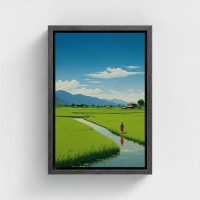 Tabelle gedruckte Kunst auf Leinwand gerahmt Illustration ländliche Landschaft friedliche Rizieres unter einem blauen Himmel Ein