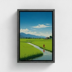 Tabelle gedruckte Kunst auf Leinwand gerahmt Illustration ländliche Landschaft friedliche Rizieres unter einem blauen Himmel Ein