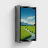 Bord trykt kunst på lærred indrammet illustration landdistrikterne landskab fredelige rizieres under en blå himmel ensom person