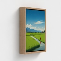 Bordutskrevet kunst på lerretrammet Illustrasjons landlig landskap Fredelige rizieres under en blå himmel ensom person