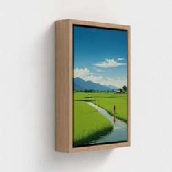 Bord trykt kunst på lærred indrammet illustration landdistrikterne landskab fredelige rizieres under en blå himmel ensom person