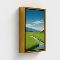 Tabella stampata arte su tela con cornice illustrazione rurale paesaggio rurale rizieres sotto un cielo blu solitaria