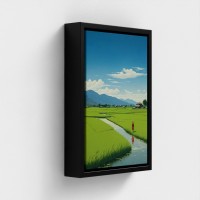 Tableau imprimé art sur toile encadrée illustration Paysage rural paisible rizières sous un ciel bleu personne solitaire