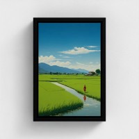 Tabella stampata arte su tela con cornice illustrazione rurale paesaggio rurale rizieres sotto un cielo blu solitaria
