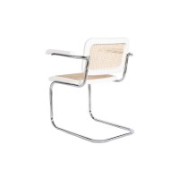 Chair with white wooden armrests, silver chrome feet, braided cannage seat