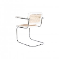Chair with white wooden armrests, silver chrome feet, braided cannage seat