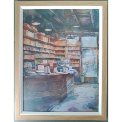 Paire tableaux aquarelles décor boutique bibliothèque, livres peinture aquarelle décoration murale encadrée