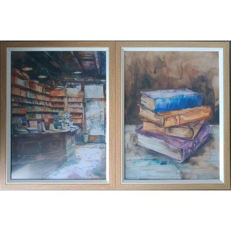 Pair Watercolor Stores Boutique Bookcase, Watercolor Painting Books Wall Decor Framed