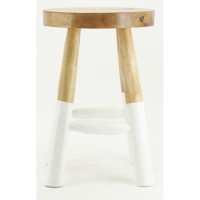 Taburete redondo de madera de teca natural y tintado blanco
