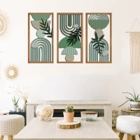 Lote de 3 painéis de madeira - decoração da parede boêmia com tema vegetal para sala de estar, sala e escritório
