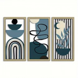 Lot de 3 panneaux muraux en bois bleu, décoration murale bohème motifs abstraits