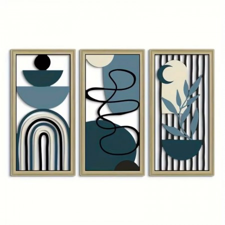 Set di 3 pannelli a parete in legno blu, decorazione della parete bohémien motivi astratti