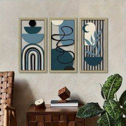 Sett med 3 blå treveggpaneler, Bohemian Wall Decoration Abstrakte motiver