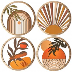 Set di 4 dischi in legno arancione, decorazione a muro bohémien motivi astratti