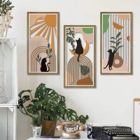 Conjunto de 3 painéis de parede de madeira com cortes de plantas e gato de arco-íris, decoração da parede boêmio