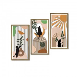 Set di 3 pannelli in legno con tagli a pianta e arcobaleno gatto, decorazione della muro bohémien