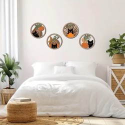 Set von 4 hölzernen runden Wandplatten Ø 22 cm mit Pflanzenschnitten und Regenbogenkatze, böhmische Wanddekoration