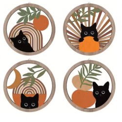 Set von 4 hölzernen runden Wandplatten Ø 22 cm mit Pflanzenschnitten und Regenbogenkatze, böhmische Wanddekoration