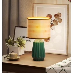 Lampe de table en céramique verte avec abat-jour en lin, Lampe de chevet 40W pour chambre et bureau
