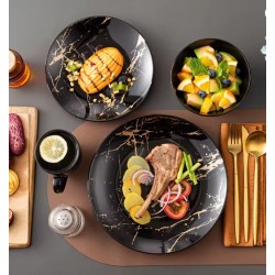 Svart marmorbord 16-rums porslin, tallrikar, skålar, koppar och tallrikar för 4 personer