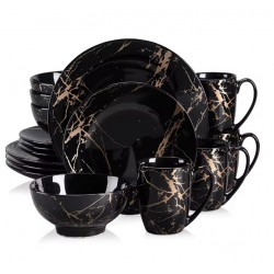 Service de table en marbre noir 16 pièces en porcelaine, assiettes, bols, tasses et soucoupes pour 4 personnes