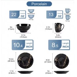 Tabla de mármol negro de 16 habitaciones porcelana, platos, tazones, tazas y platillos para 4 personas