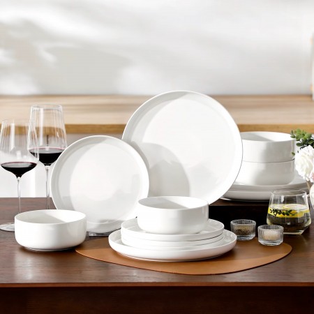 Set da tavolo in porcellana bianca da 12 pezzi, piastre in ceramica e ciotole per cena e uso quotidiano
