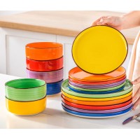 Ensemble de vaisselle en céramique 18 pièces couleurs mélangées, motifs spirale peints à la main assiettes bols design artisanal