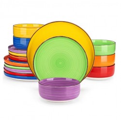 18-piece Ceramic Dinner Set Mixed Colors, Spiral Hand Painted Patterns Bowl Design Crafts