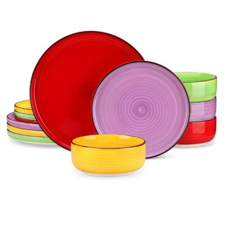 12-piece Ceramic Dinner Set Mixed Colors, Handpainted Spiral Patterns Plates Bowl Design Artisan